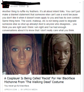 Illustration for article titled Disappointed in a FB Friend for Siding With Blackface
